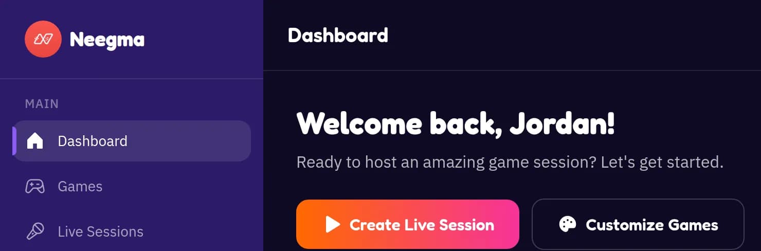 Neegma dashboard welcome banner with the Create Live Session button