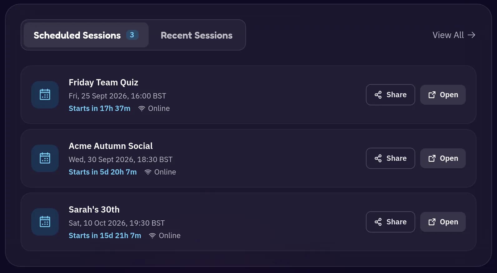 Dashboard Scheduled Sessions tab listing three upcoming events, each with a live countdown and Share and Open buttons