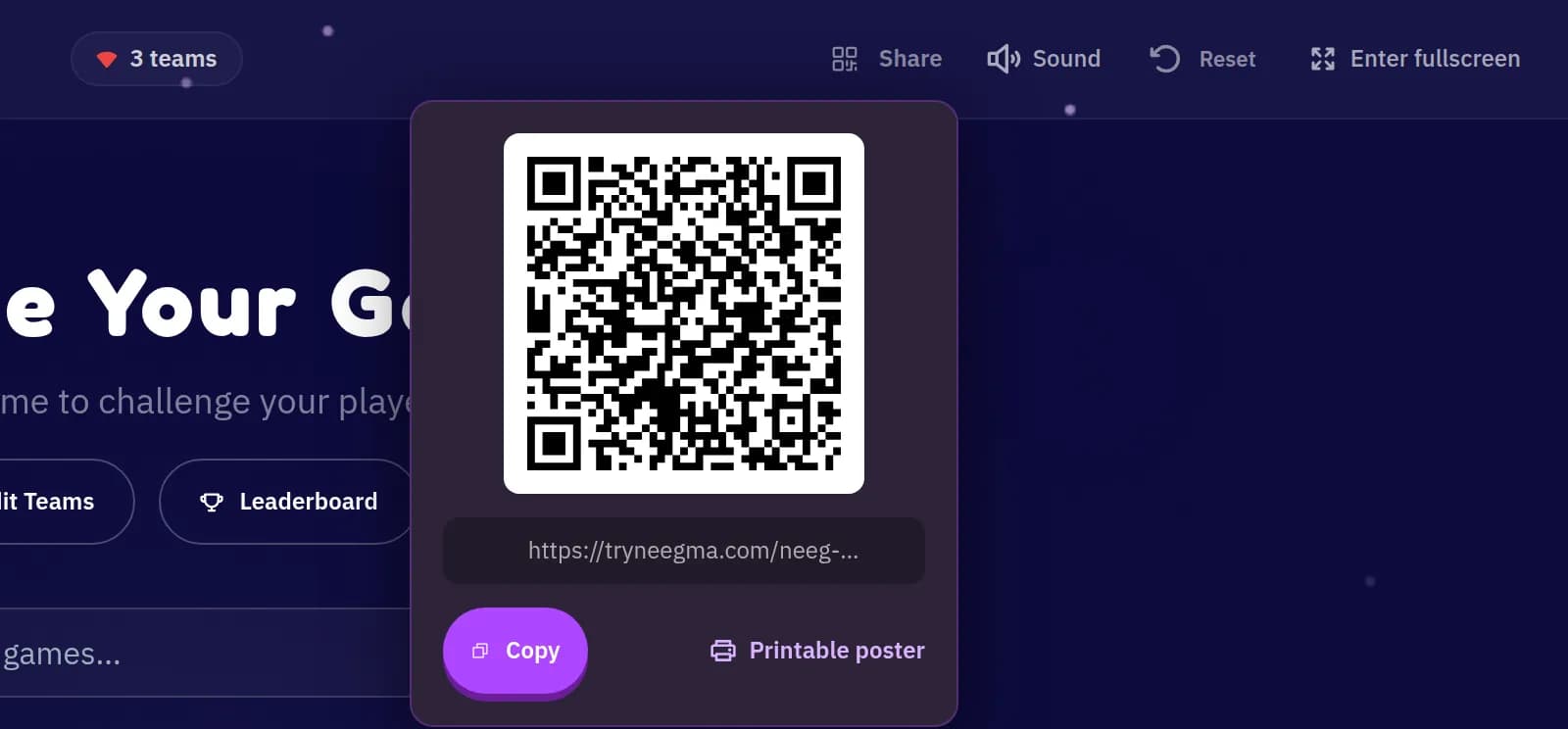 Host screen top bar with the Share menu open, showing a QR code, the join link, a Copy button and a Printable poster link