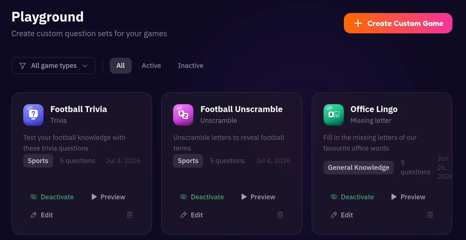 Playground page listing custom question sets, with a Create Custom Game button
