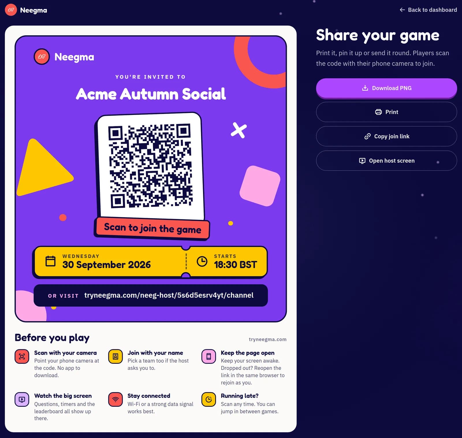 Share page for Acme Autumn Social: a QR code poster with the date, start time and join link, a Before you play tips list, and Download PNG and Print buttons
